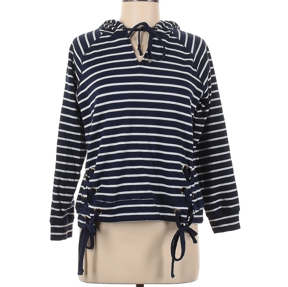 MICHAEL KORS Striped Long Sleeve Hooded T-Shirt With Laced Up Side Ties